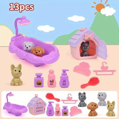 Cute Dog Pet Basket Family Toys Dog Doll Set Cage Toys Scene Playing Toys Christmas Decoration Thanksgiving Gifts Color Randomly